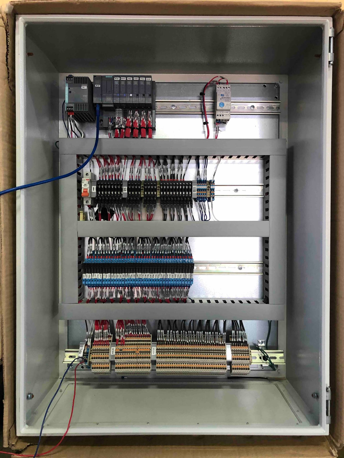 Tablero embalado para despacho, con fuente de alimentación, protecciones y filas de borneras ya cableadas.