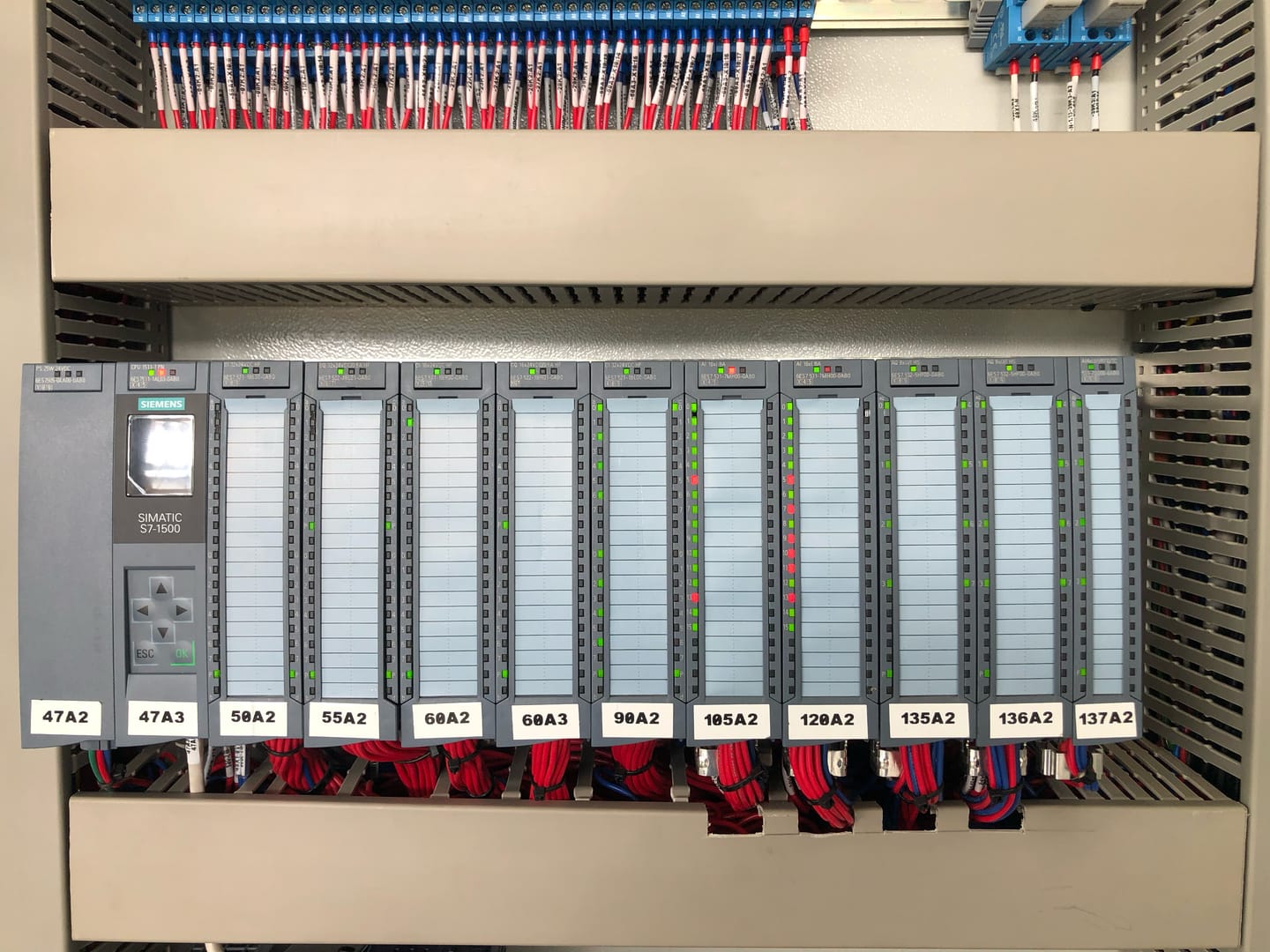 Controlador SIMATIC S7-1500 y su fila de módulos de entradas y salidas, cada uno rotulado, con el cableado peinado por encima y por debajo.