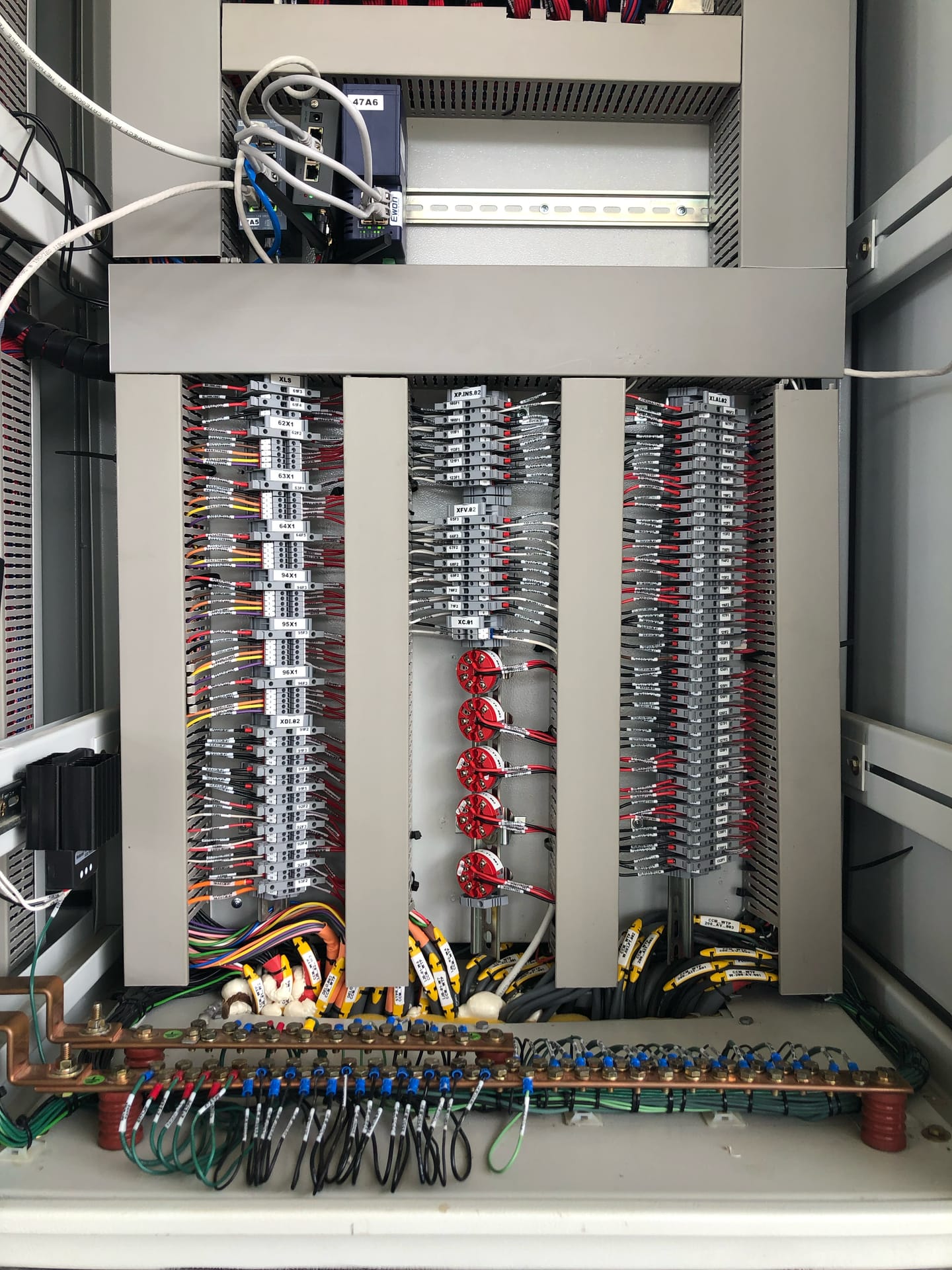 Interior de tablero de control con filas de borneras, relés y un conmutador de red, cableado hasta la barra de tierra.
