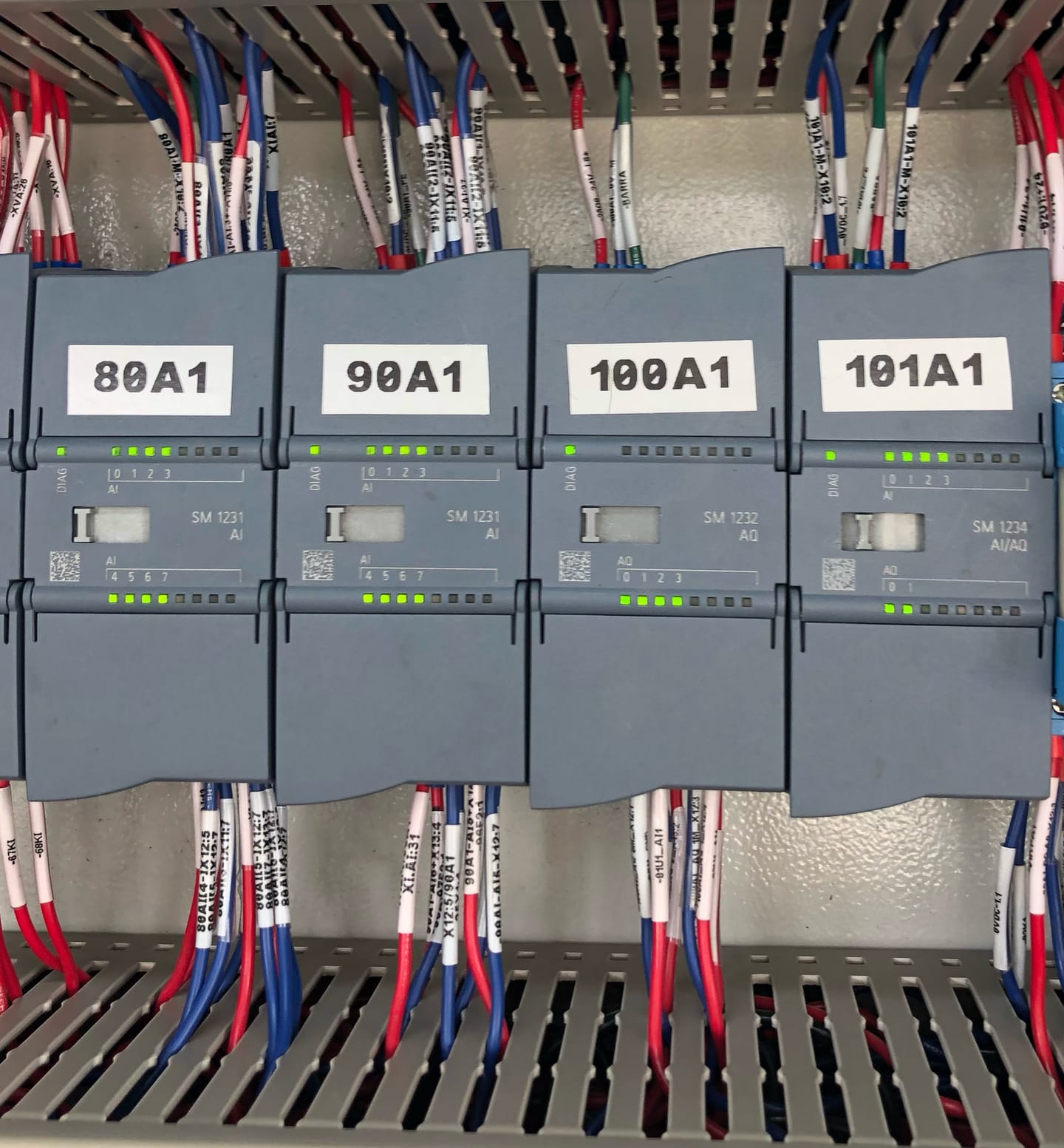 Cuatro módulos de señal rotulados 80A1, 90A1, 100A1 y 101A1, con el cableado marcado circuito a circuito.